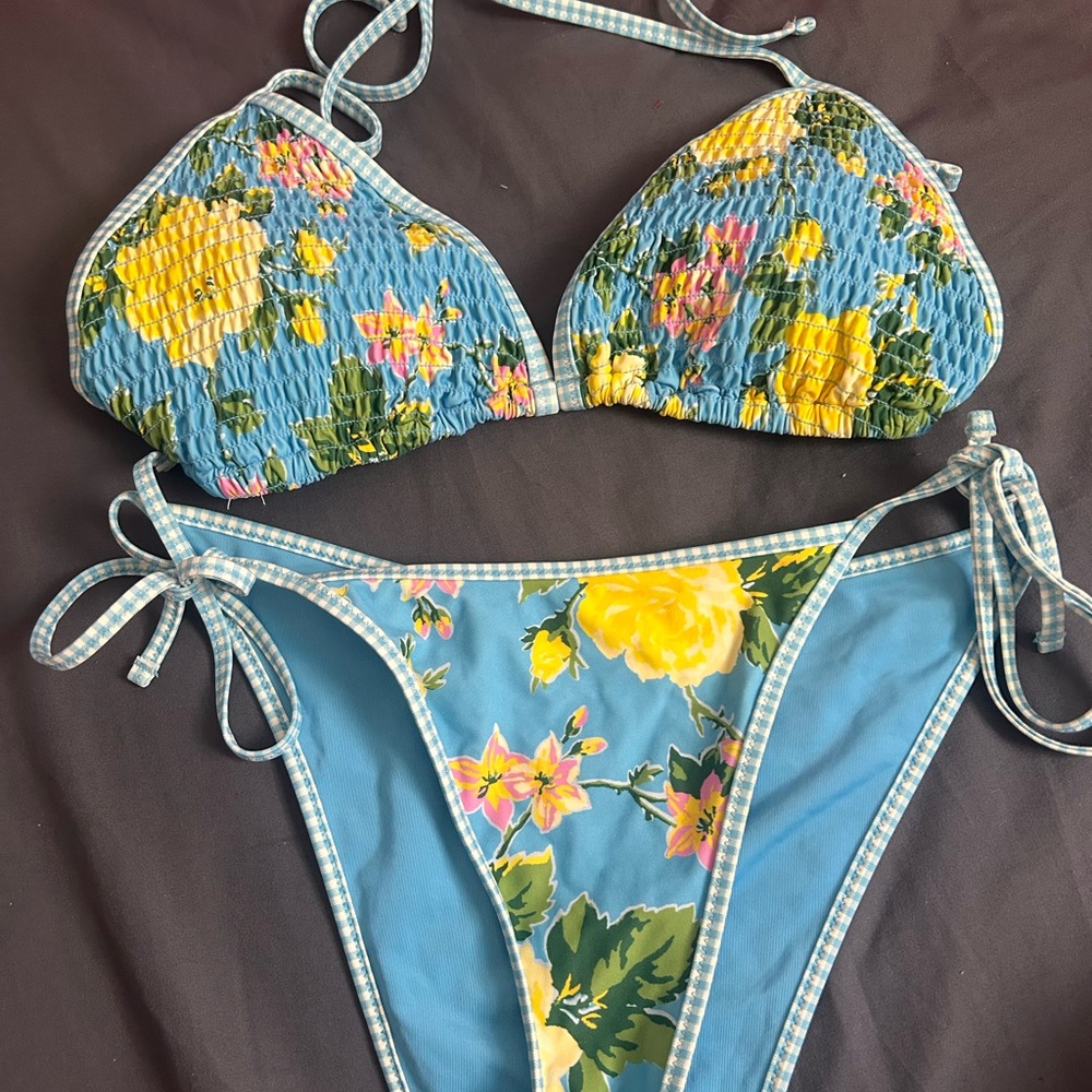 aerie Bright Blue Bikini Top with Floral Trim
